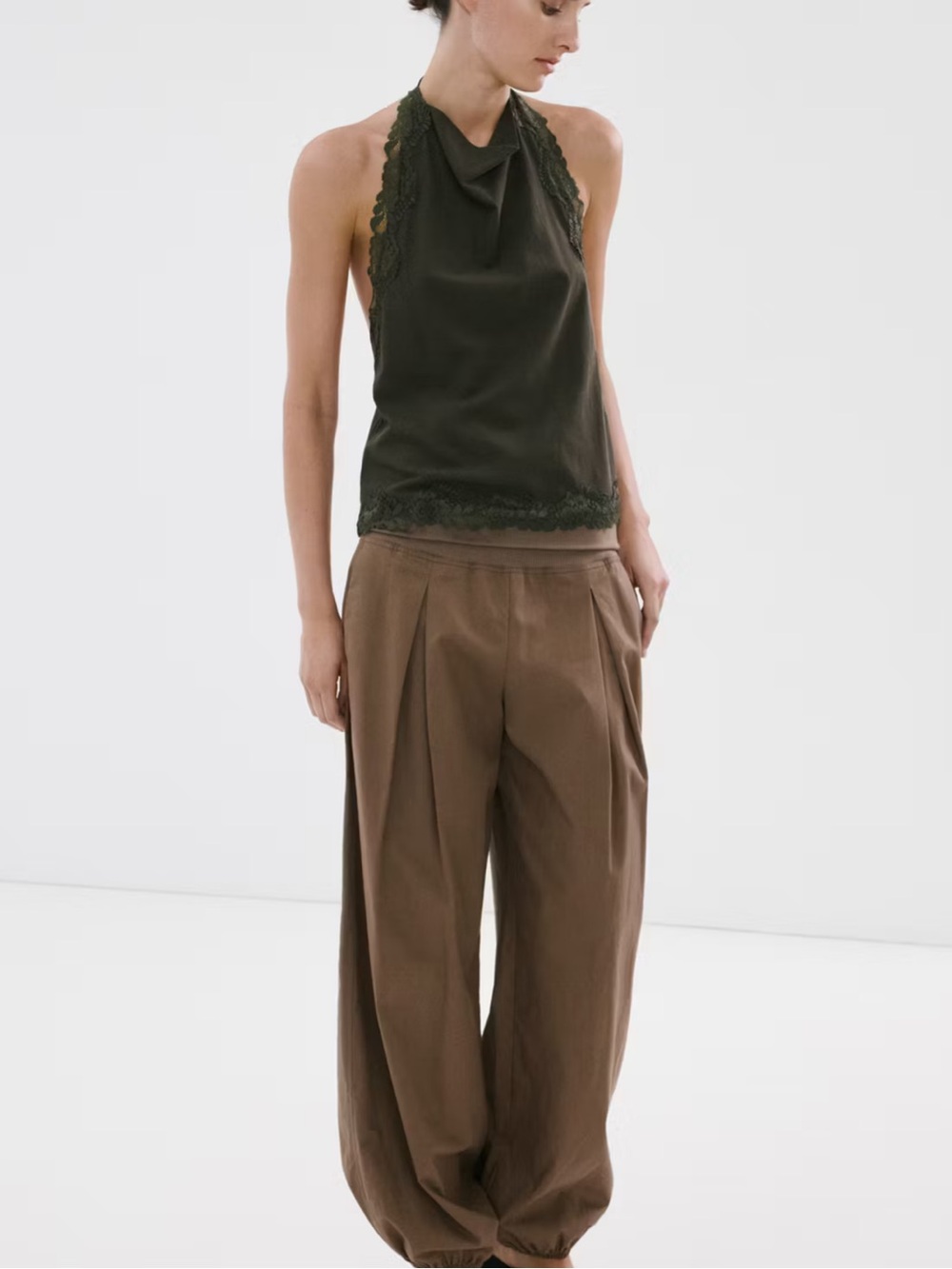 Mango Olive Halter Lace Top